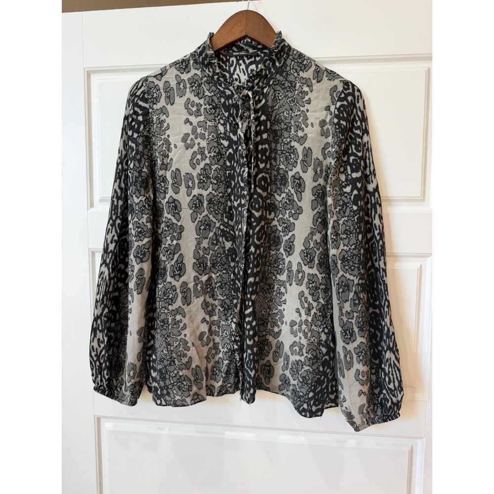 Kobi Halperin Regina Gray Silk Leopard Blouse Ruffle Tie Neck Medium